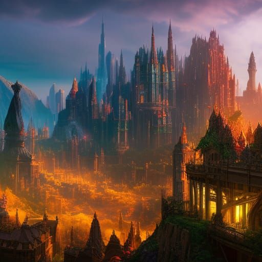 Grumpy Elf in Magic City: Detailed Matte Painting