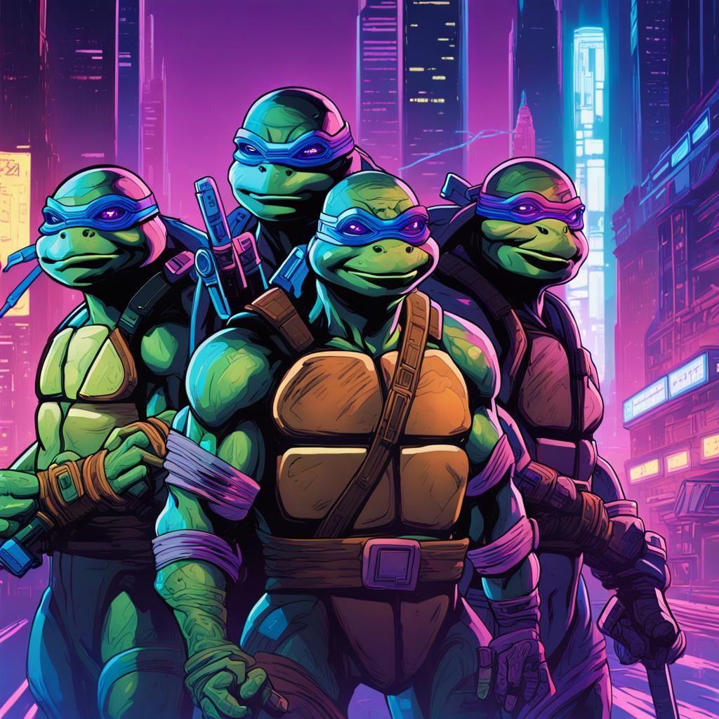Futuristic Ninja Turtles in Cyberpunk Cityscape