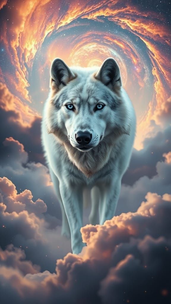 Majestic White Wolf in Cosmic Aurora