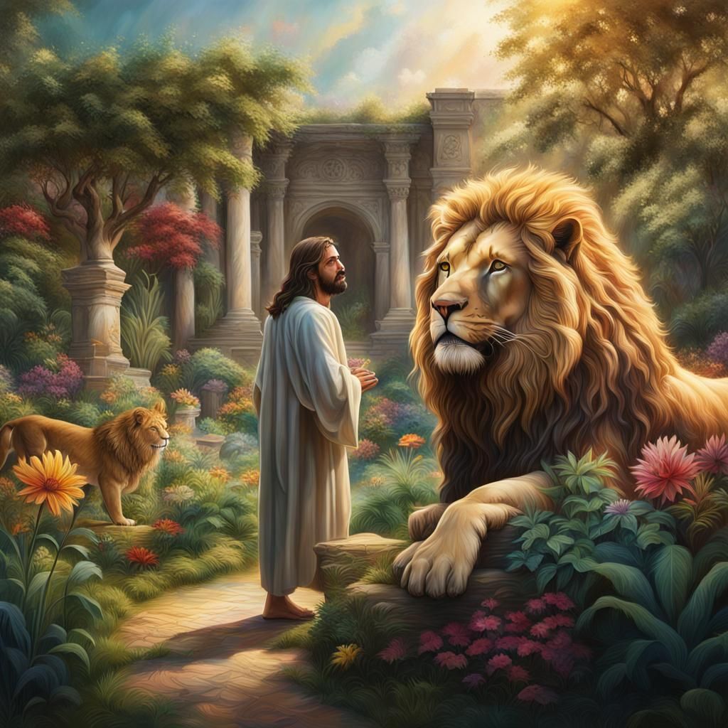 Jesus Christ and Lion in Garden: Hyperrealistic Concept Art
