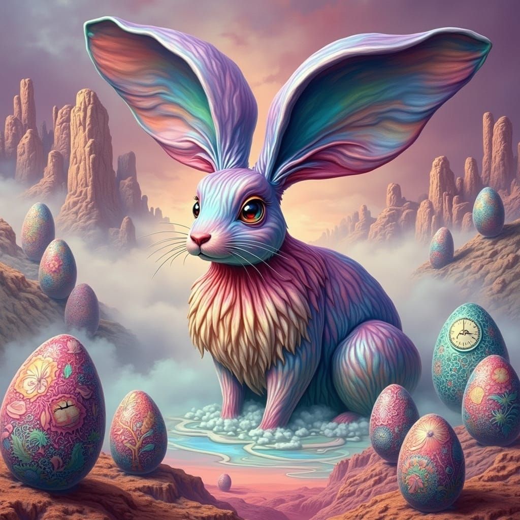 Surreal Easter Bunny Ascends Dreamlike Landscape