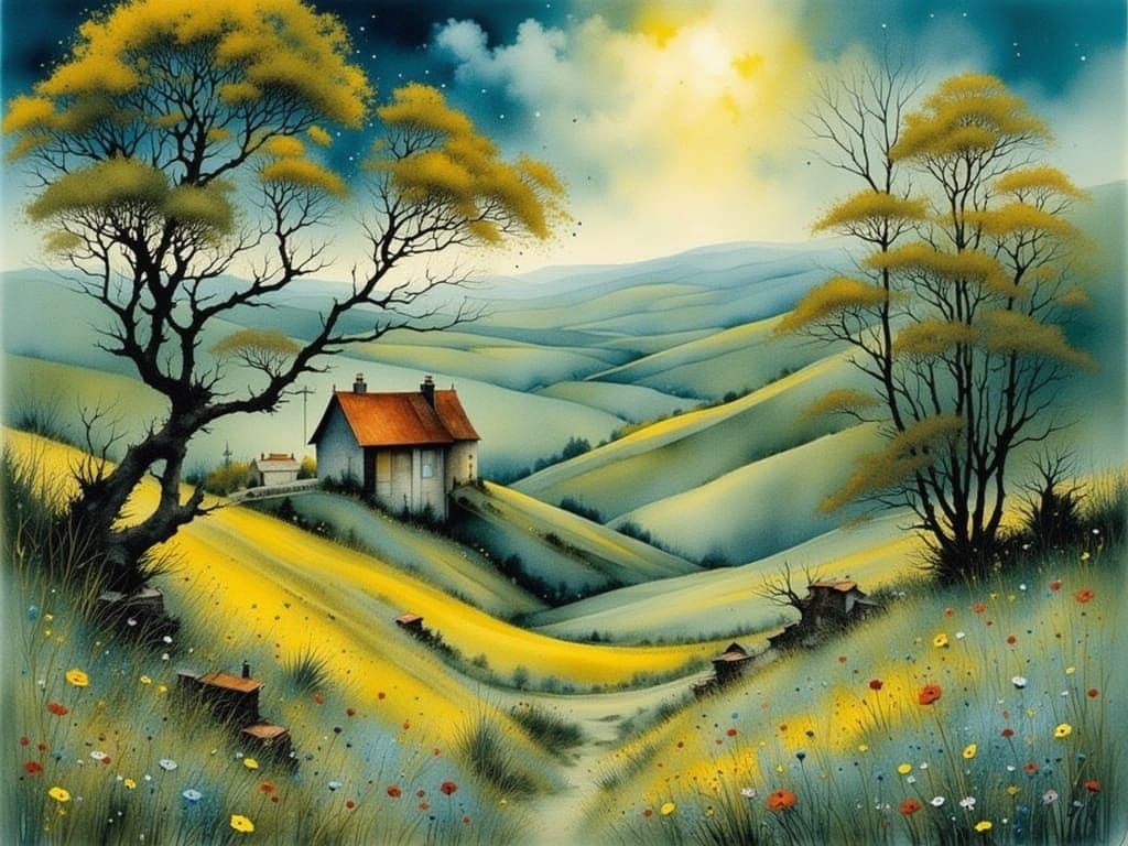 Watercolor Landscape in Vibrant Yellow and Blue