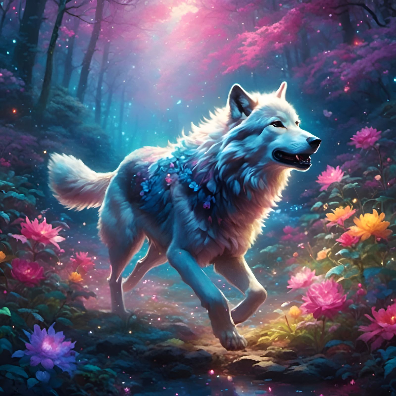 Backlit Wolf Running in Dreamy Darkness