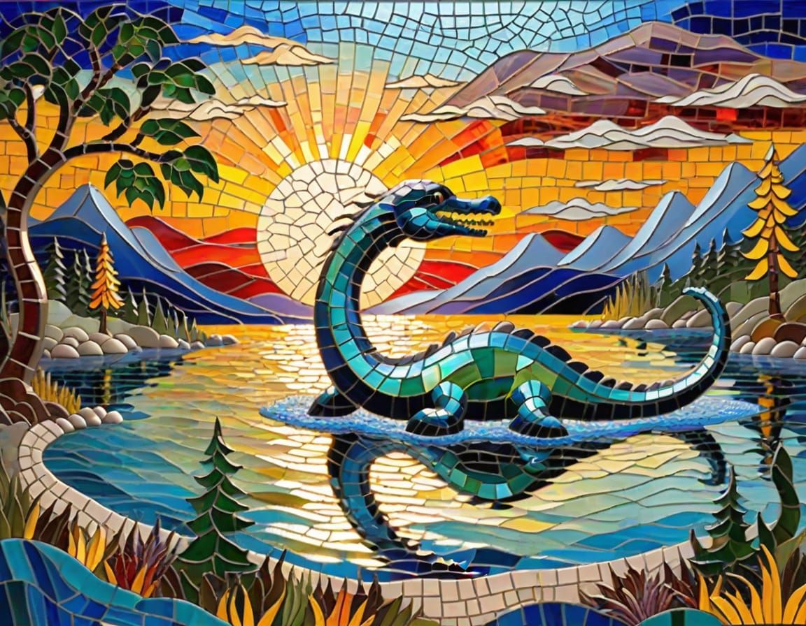 Spectacular Loch Ness Monster in Vibrant Glass Mosaic