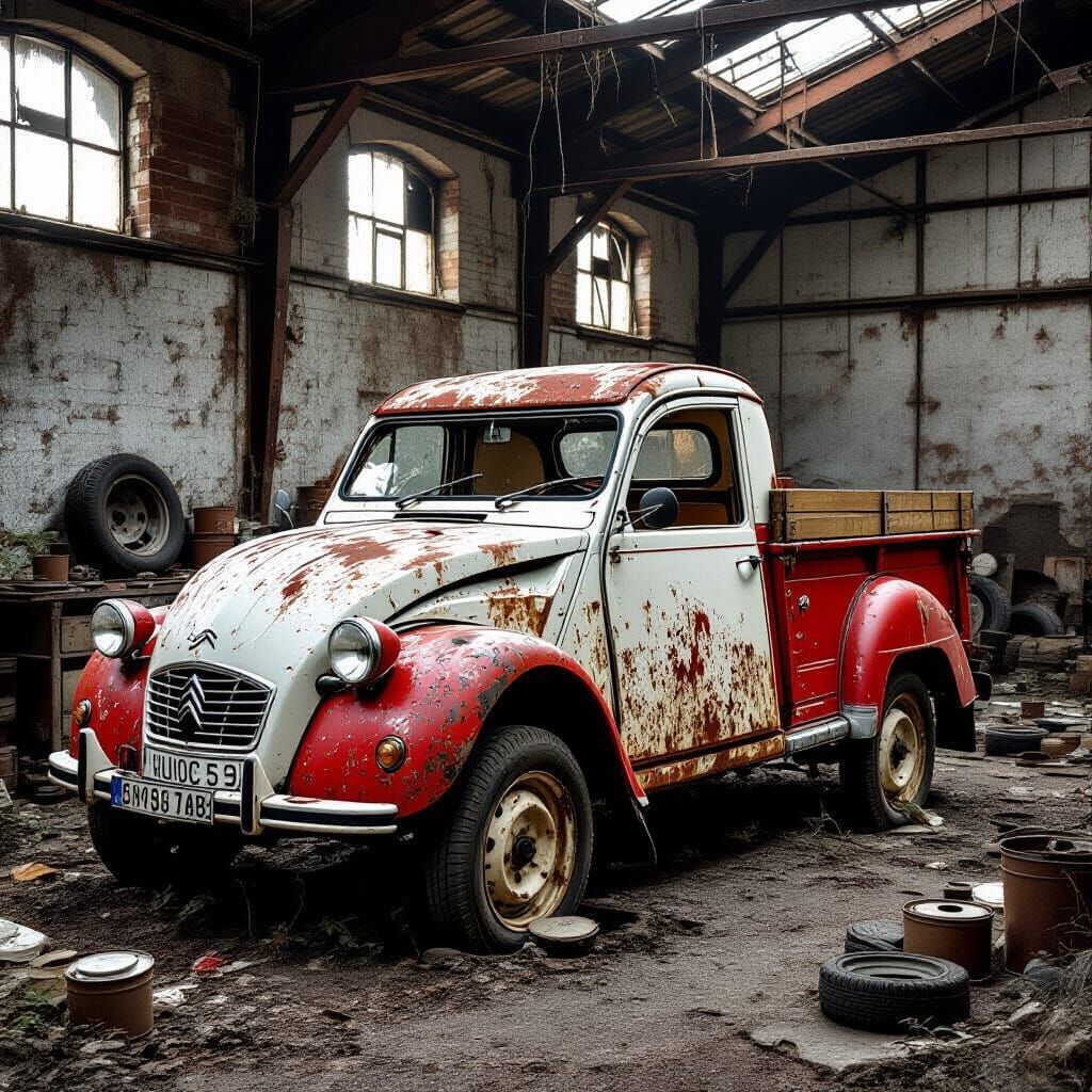 Rusty Abandoned Citroën 2CV Truck in Dusty Workshop