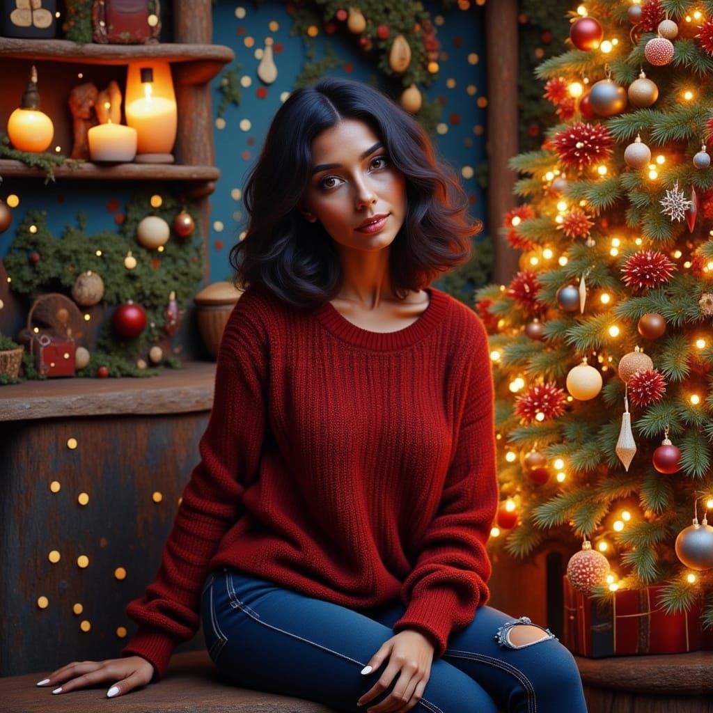 Serene Woman in Red Sweater by Festive Christmas Tree