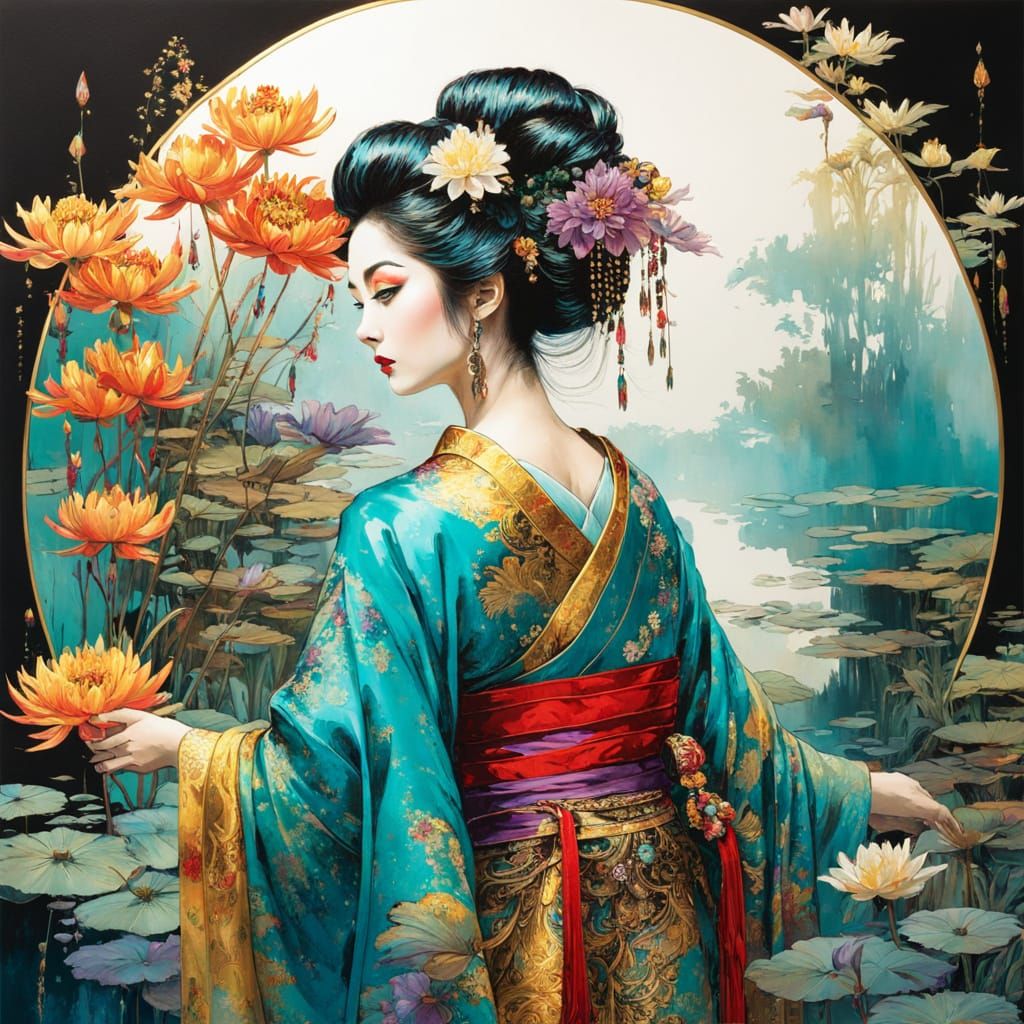 Geisha Goddess in Vibrant Kimono with Celestial Background