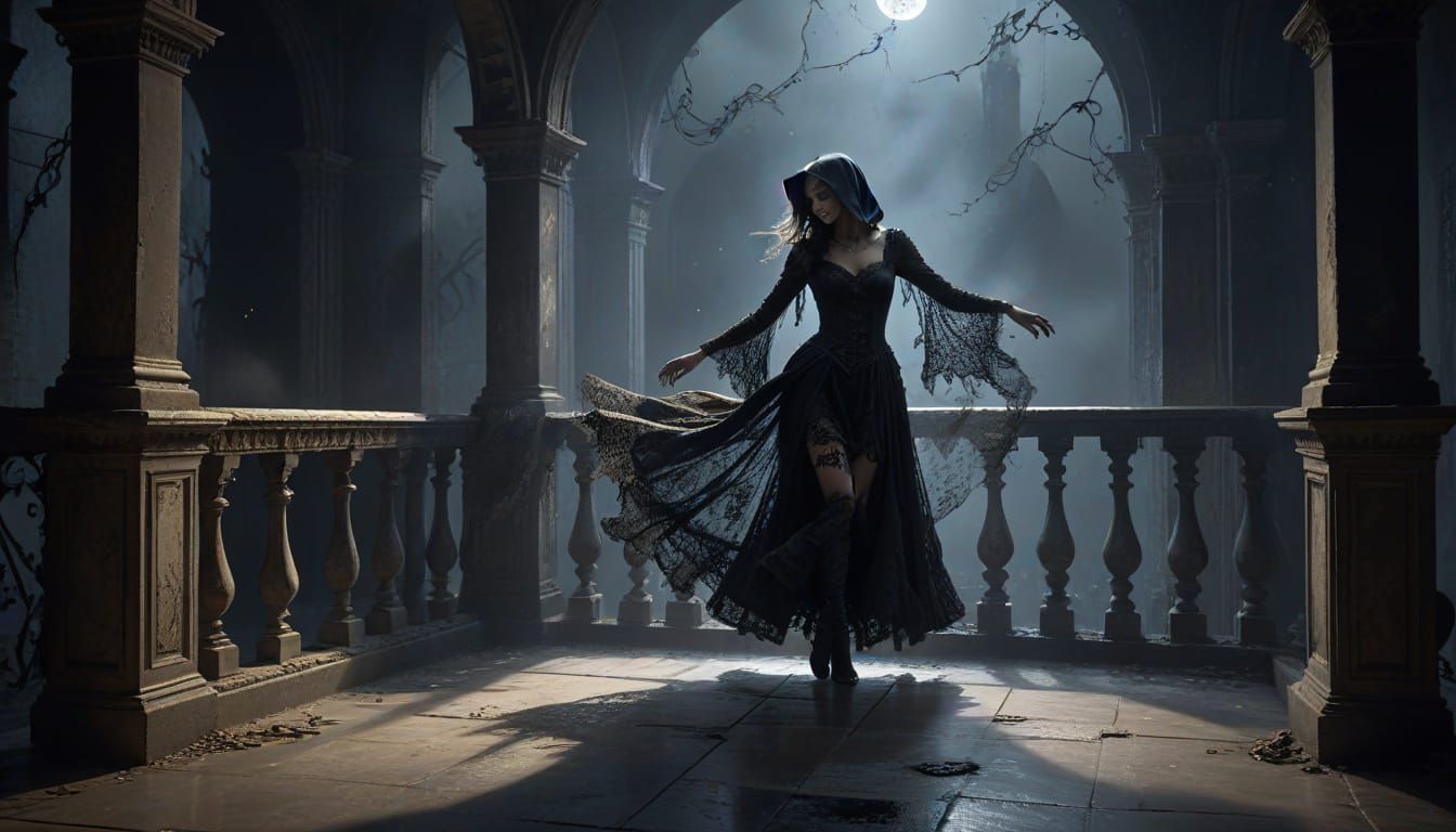 Gothic Dancer on Moonlit Balcony in Dark Concept Art Style