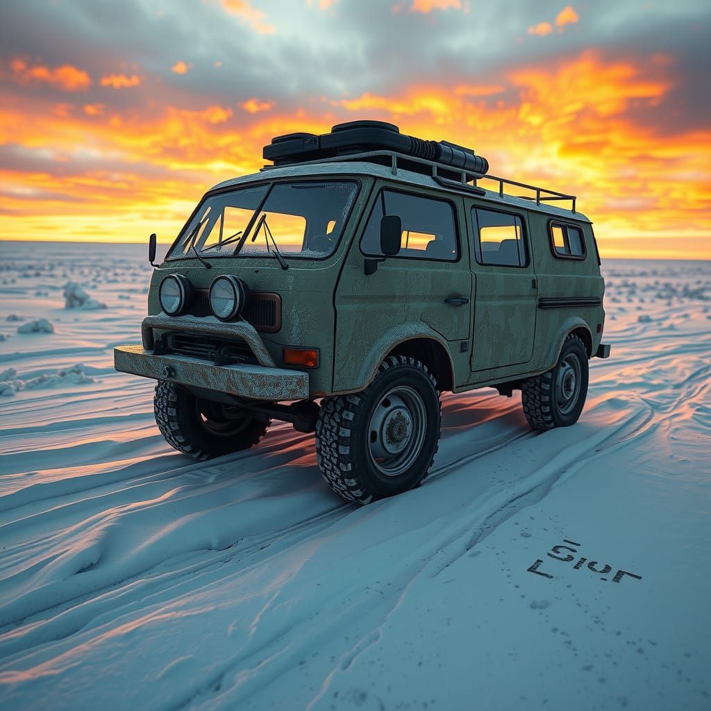 Siberian Sunset on a Weathered UAZ Buchanka