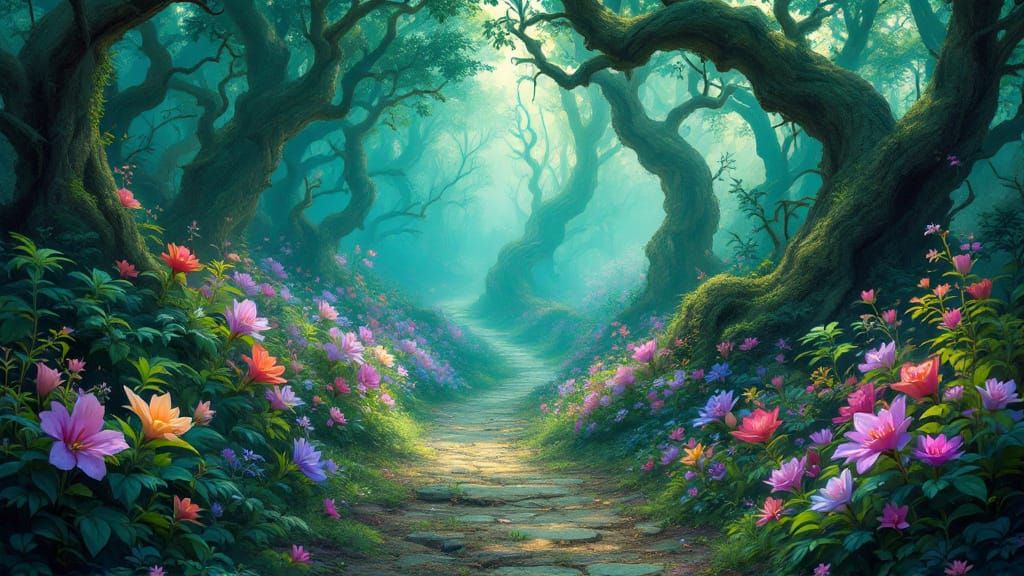 Ethereal Flower Path in Emerald Forest, Fantasy Art