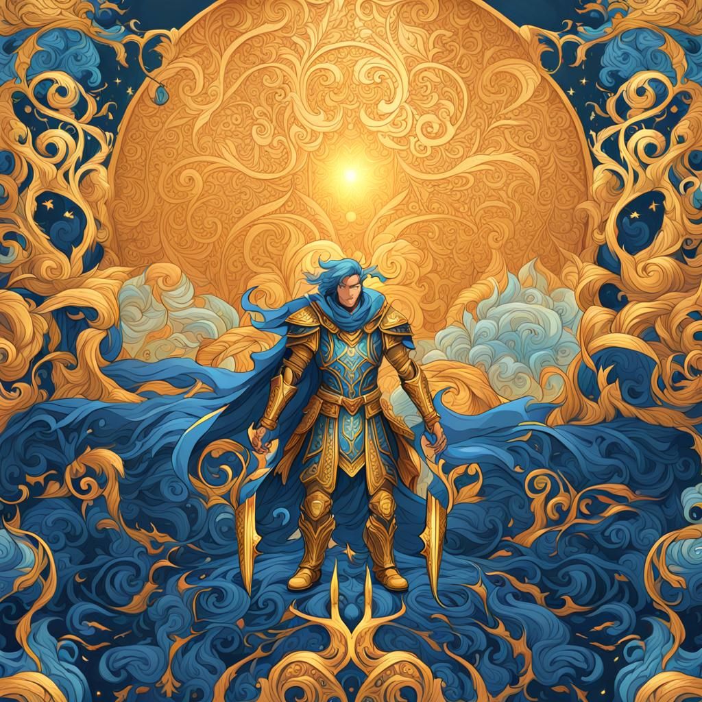 Hero in Mystical Landscape with Swirling Patterns
