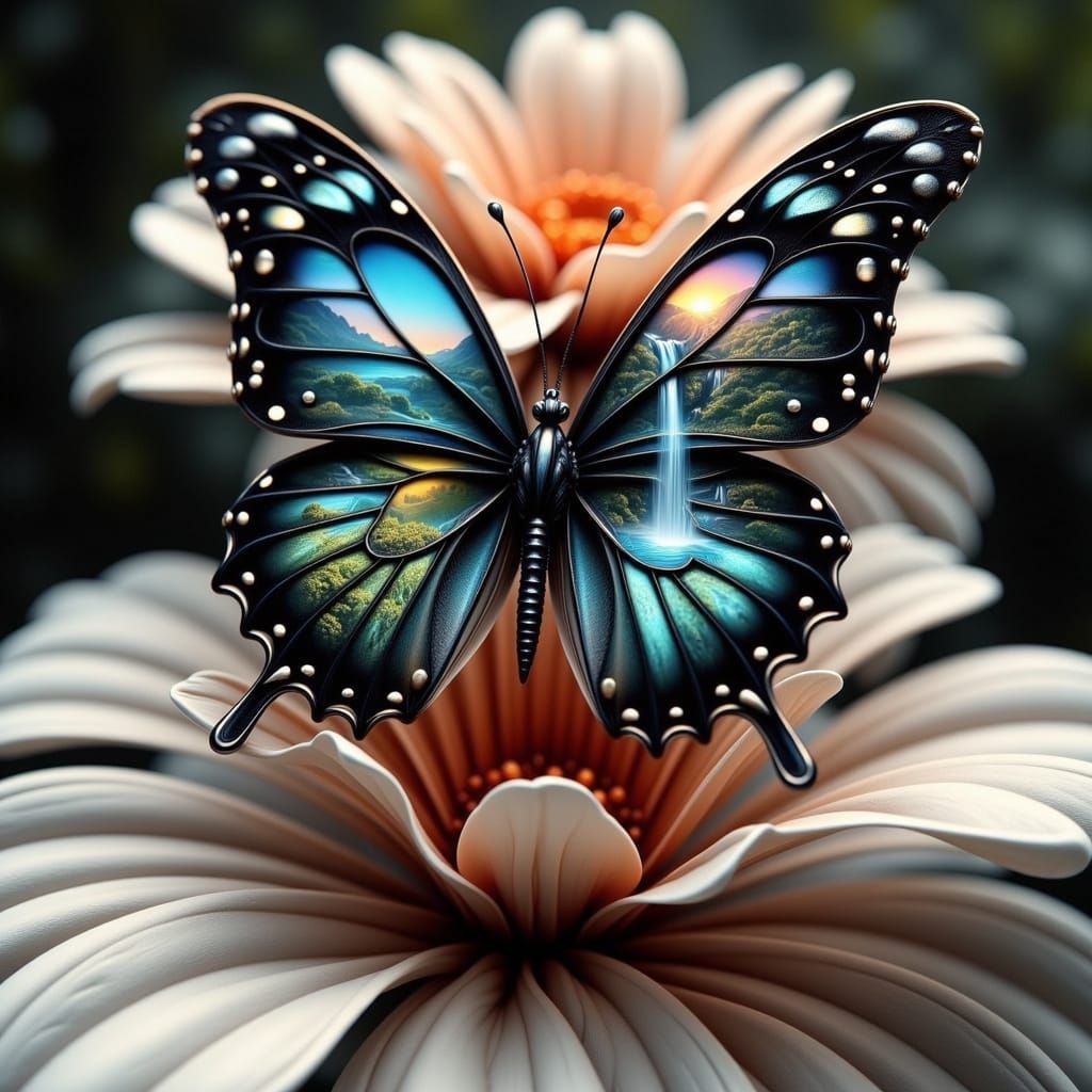 Hyper-Realistic Butterfly with a Waterfall Landscape on Its ...