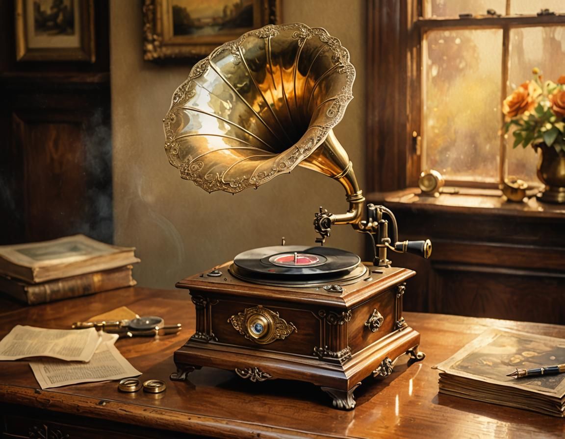 Ornate Gramophone in Watercolor Impressionism