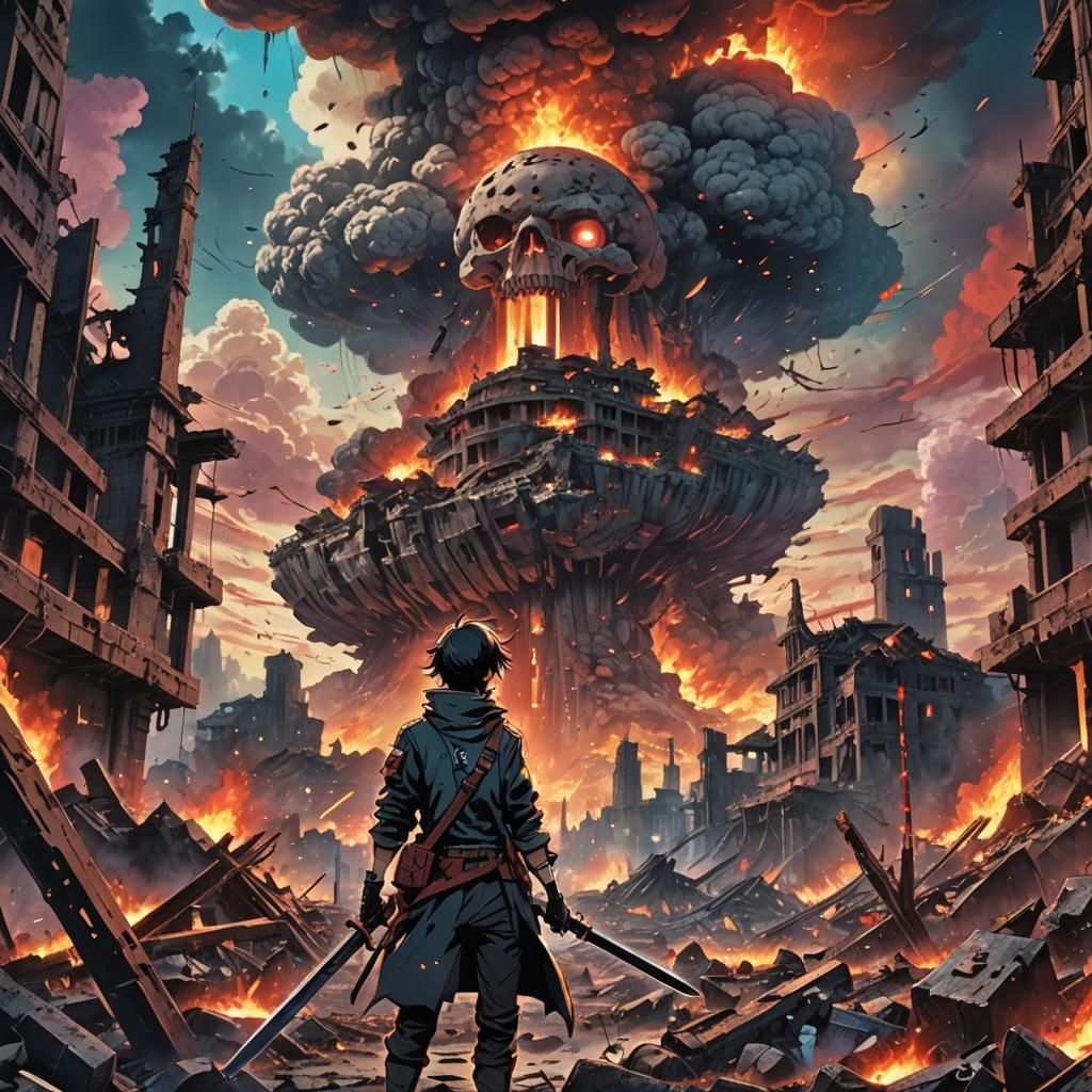 Dystopian Figure Amidst Fiery, Apocalyptic Ruins