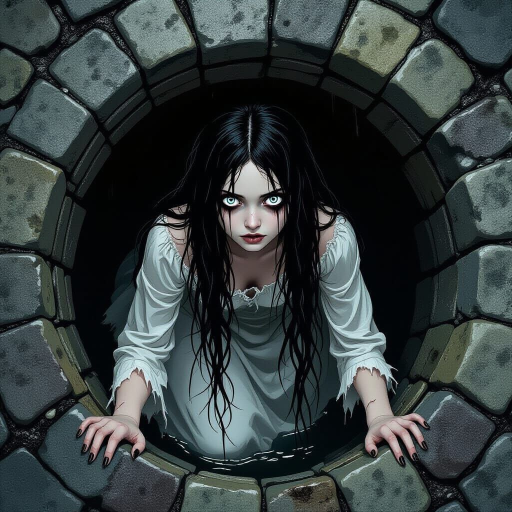 Gothic Girl Emerges from Well in Dark Digital Art