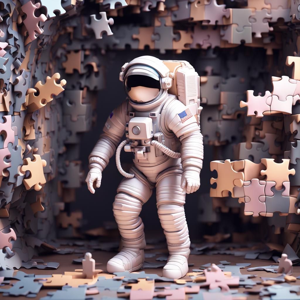 Astronaut Puzzle in Burtonesque 3D Rendering