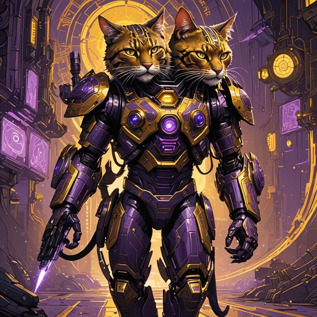 Armored Feline Hero with Missile Launcher, Dark Fantasy Art