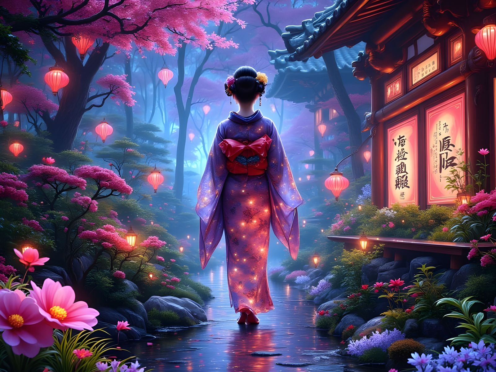 Ethereal Geisha in Cosmic Garden Merging with Futuristic Cit...