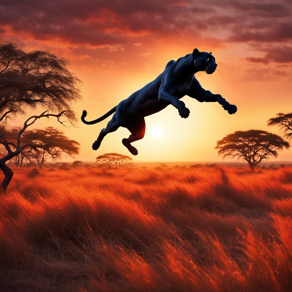 Black Panther Leaps in Vivid Sunset: Wildlife Photography