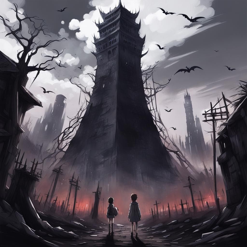 Horror Landscape with Tower in Anime Style