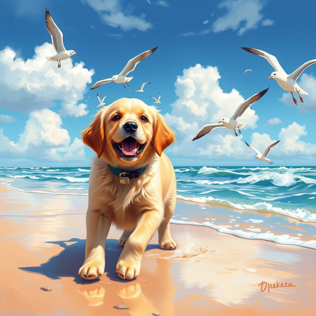 Golden Retriever Puppy on Beach, Impressionist Style