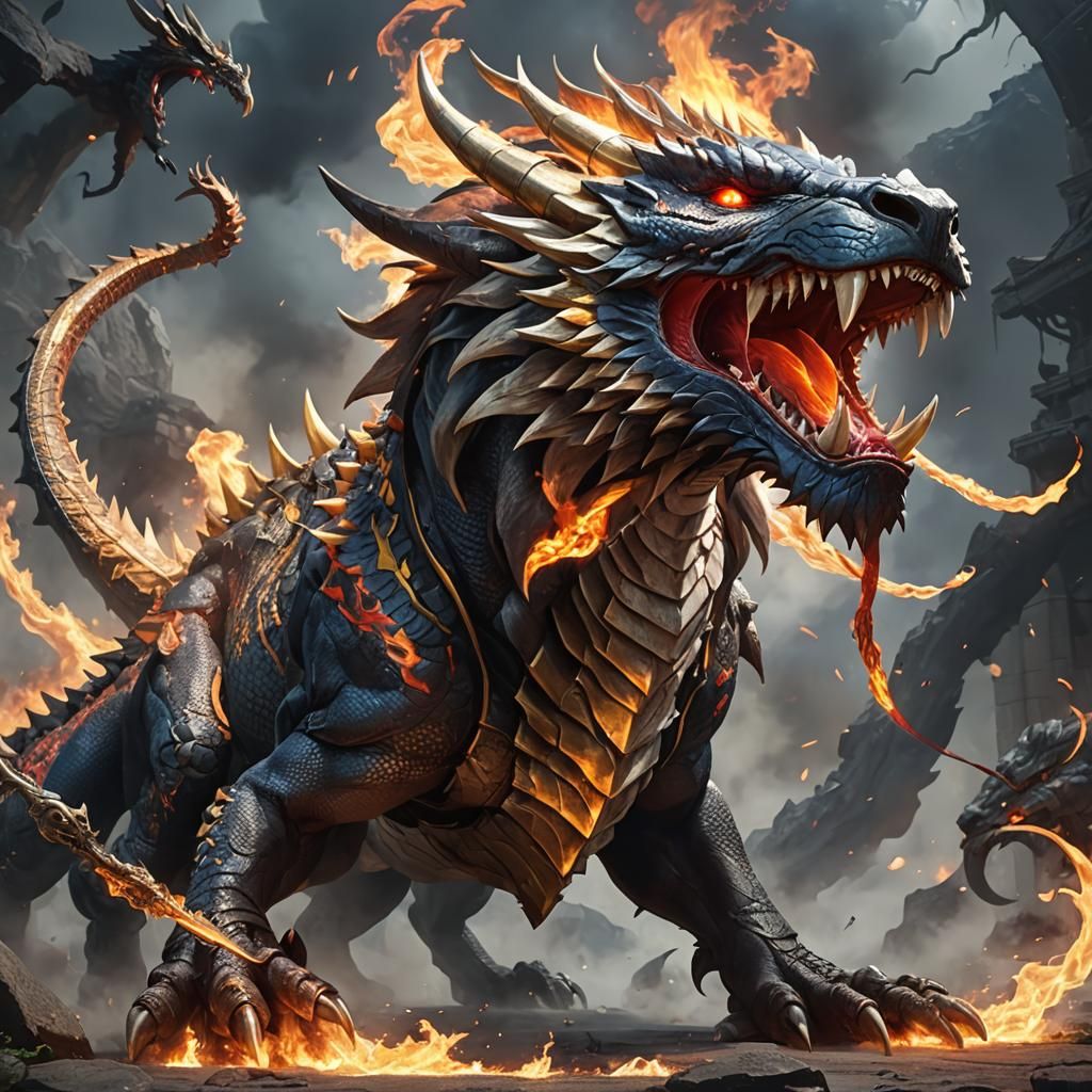 Fire Breathing Dragon with Saber-Tooth Tiger Head in Anime A...