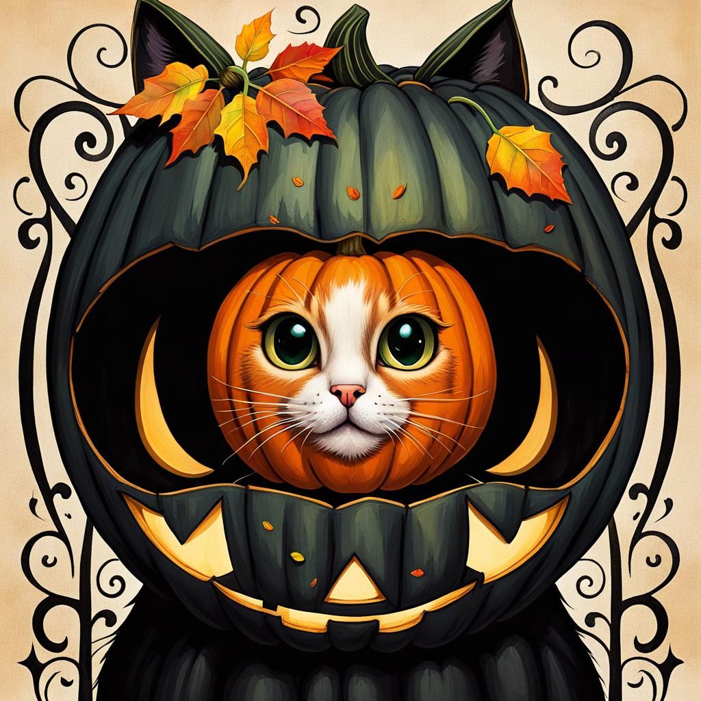 Chibi Cat in Jack-o'-Lantern Portrait