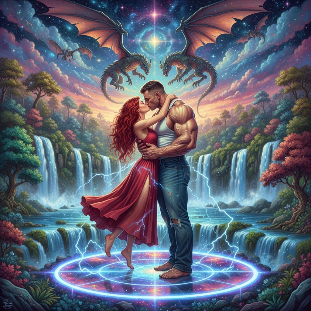 Cosmic Romance: Lovers Kiss Amidst Dazzling Energy and Drago...