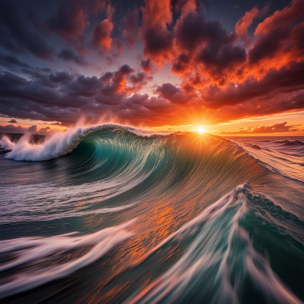 Epic Wave at Sunset in Hyperrealistic Style