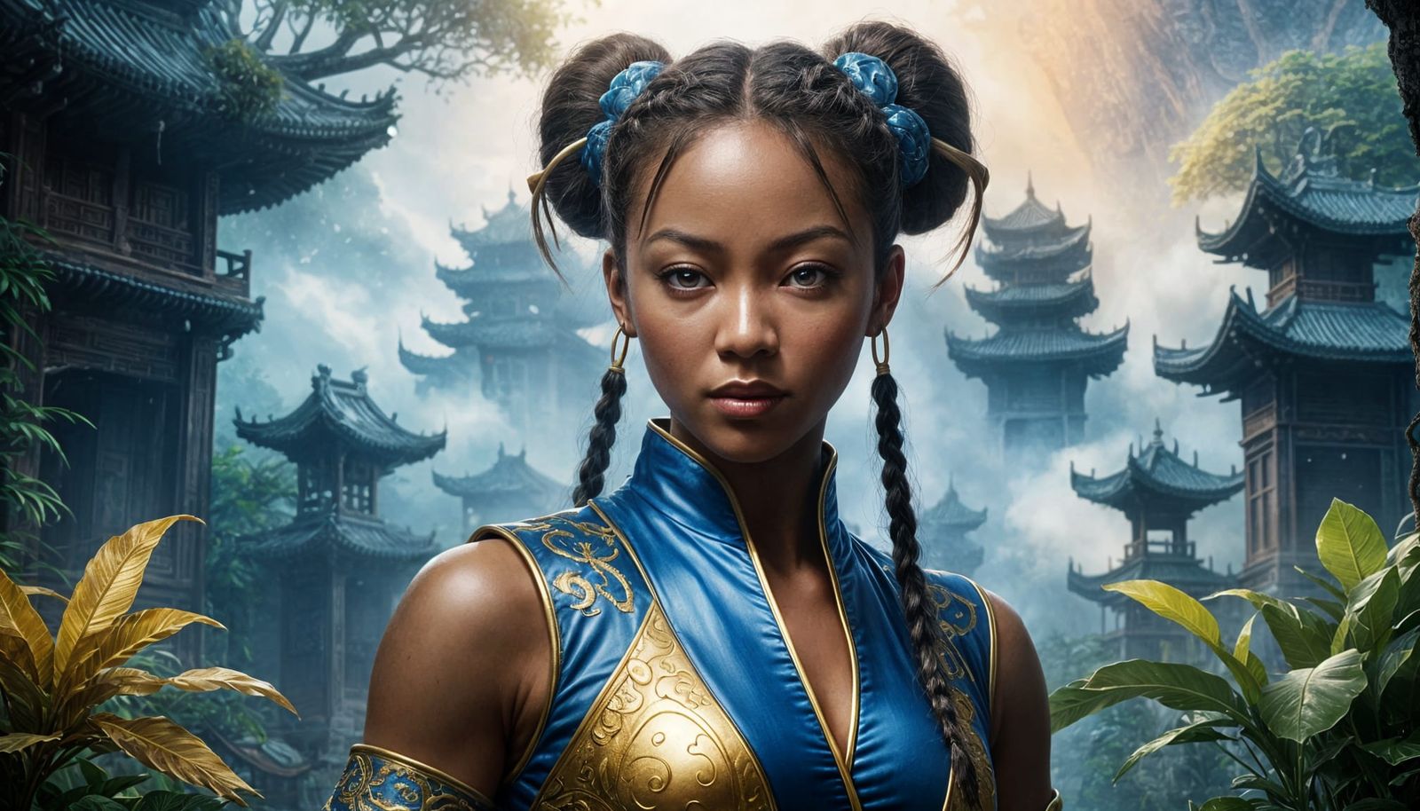 Shaolin Warrior Chun Li in Ethereal Blue and Gold Kung Fu Re...