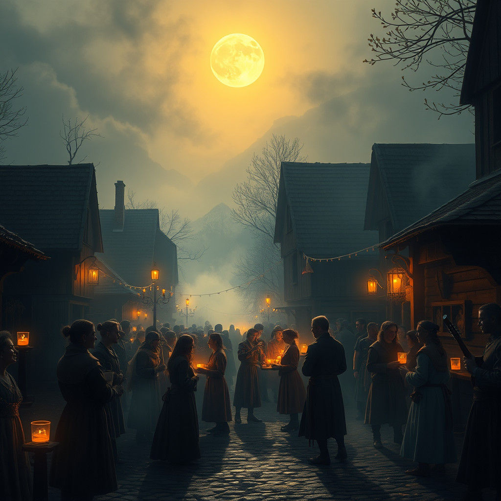 Medieval Village Feast Under Moonlight