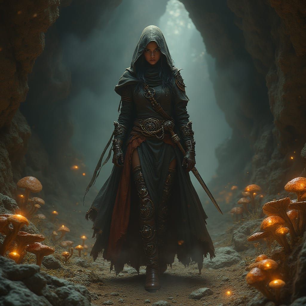 Enchanting Fantasy Scene: Adventurer at Cavern Threshold