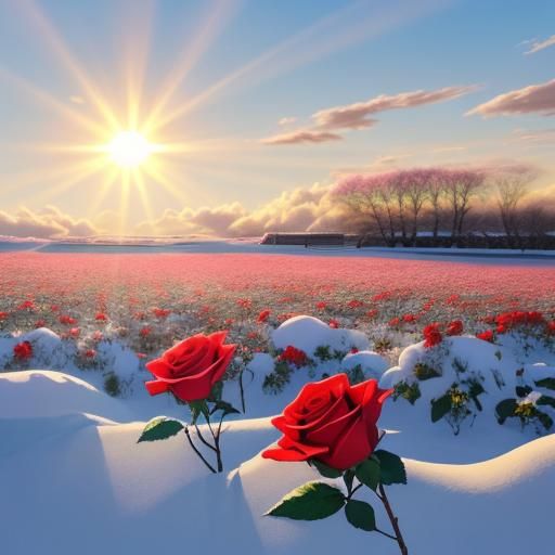 Red Roses Bloom in Snow Under Pastel Sky