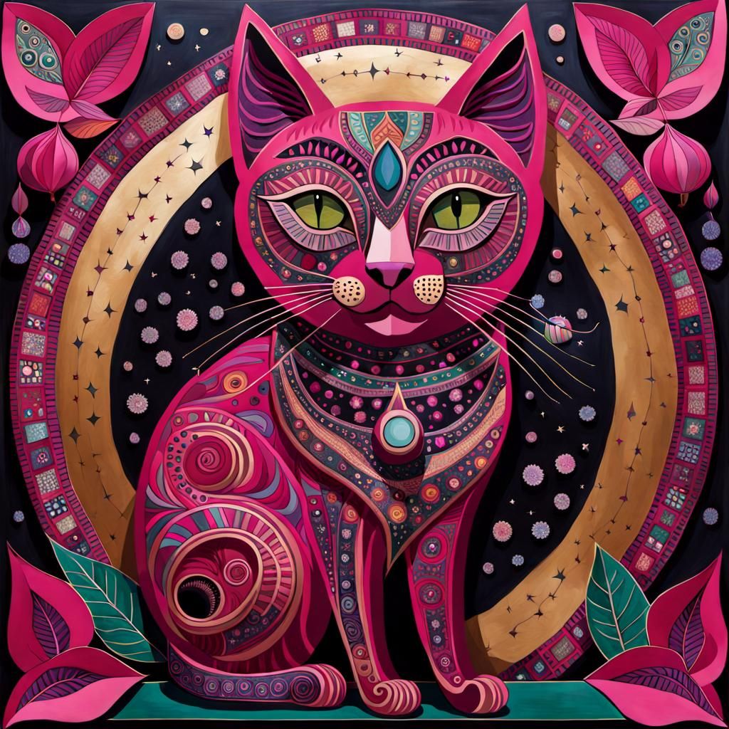 Whimsical Fuchsia Cat Poster Art in 3D