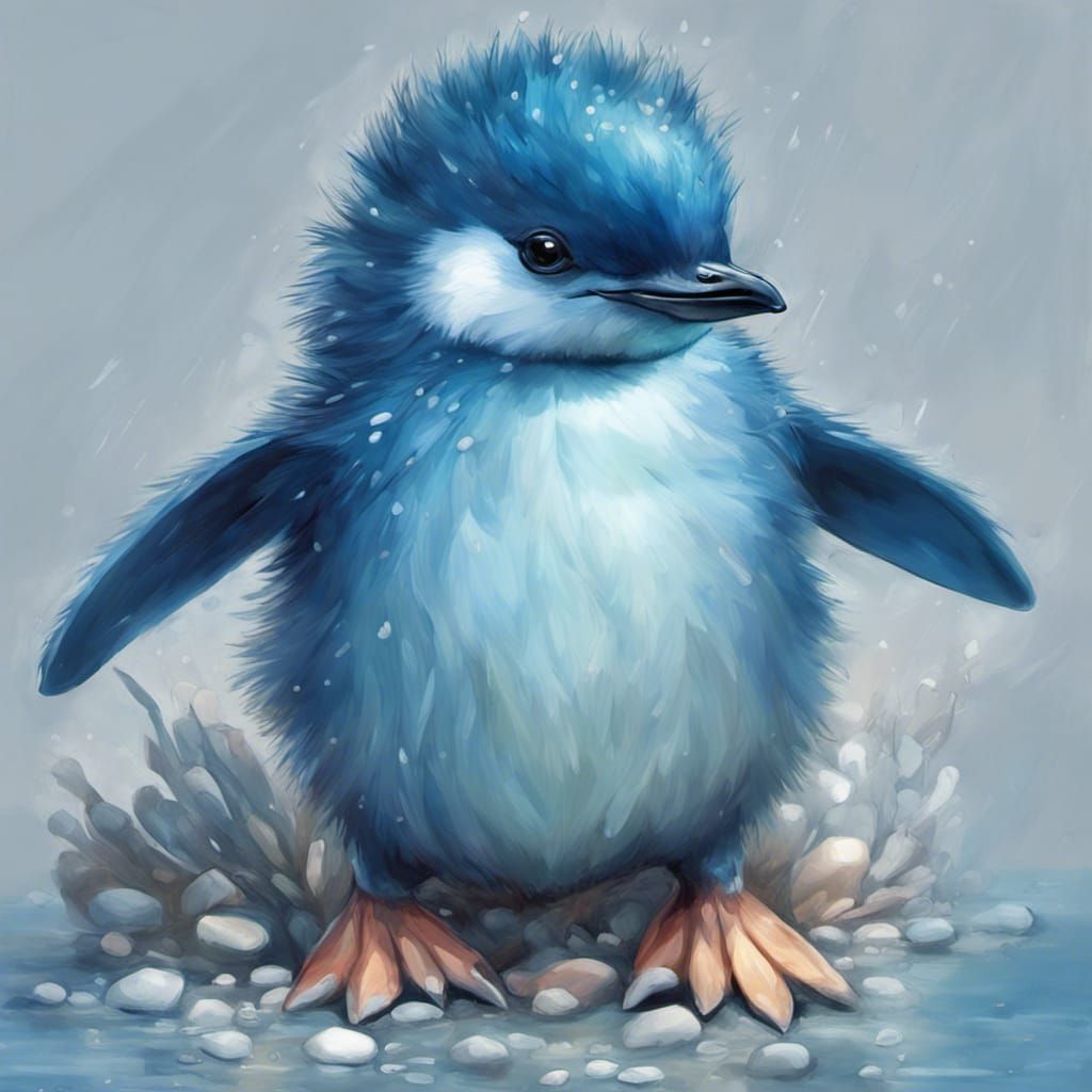 Fluffy Little Blue Penguin in Impasto Oil Painting