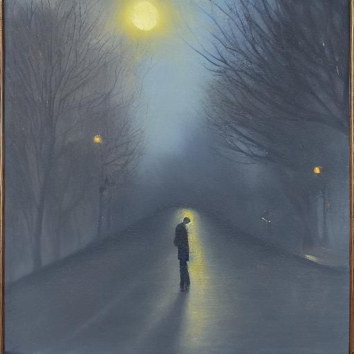 In a chiaroscuro night, where shadows kiss the cobbled street,
A lone figure, silhouetted, with a brush poised, light an...
