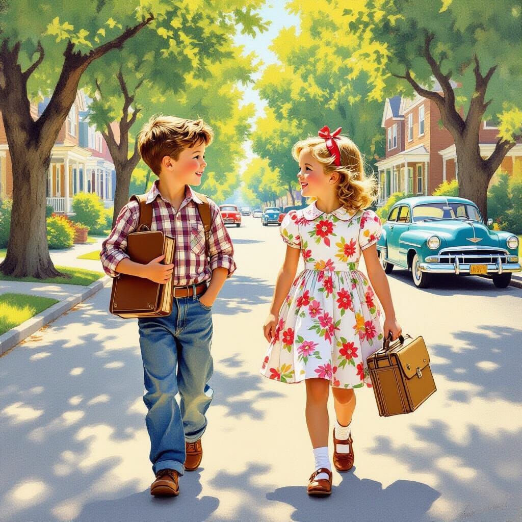 Children Walk to School in Nostalgic Painting Style