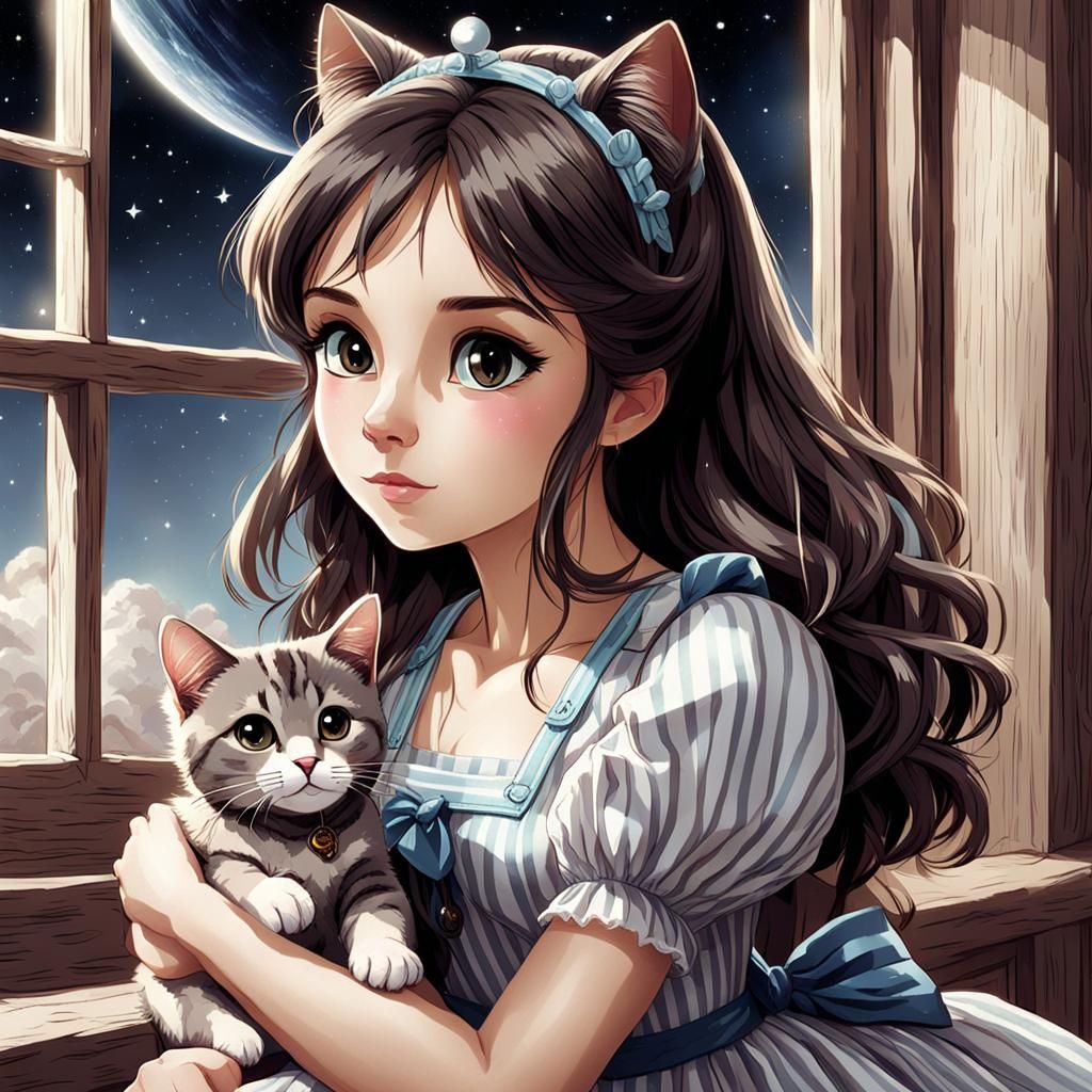 Girl Gazing Out Window with Cat Companion