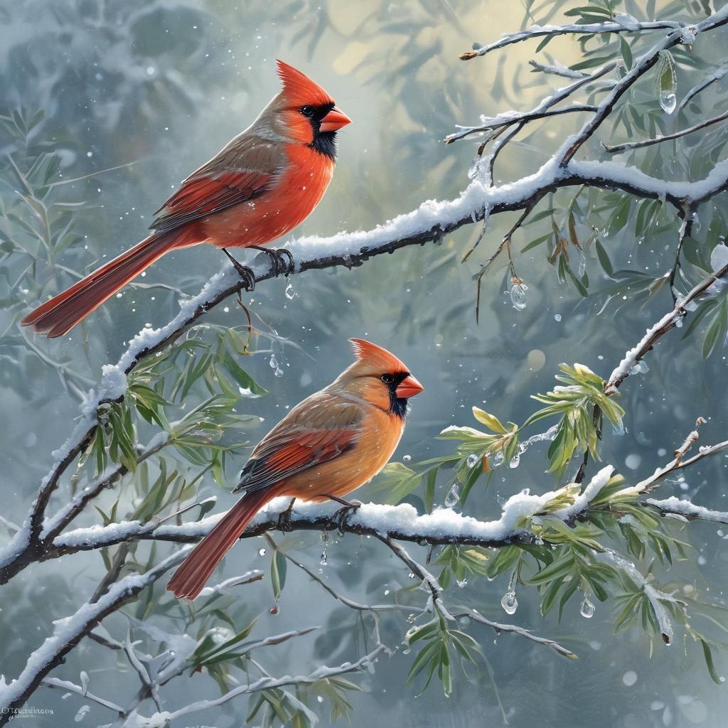 Northern Cardinals on Snowy Branch in Gouache Style