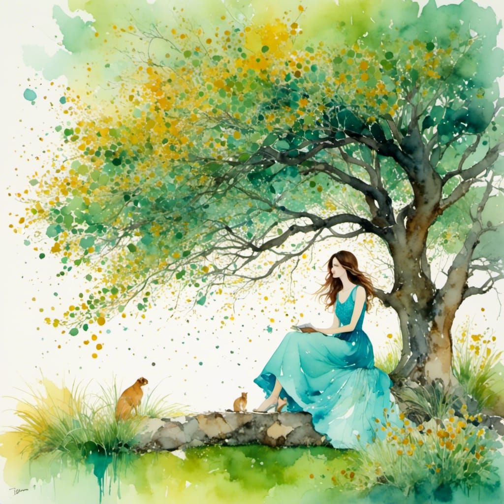 Dreamy Watercolor: Woman in Dawn Garden