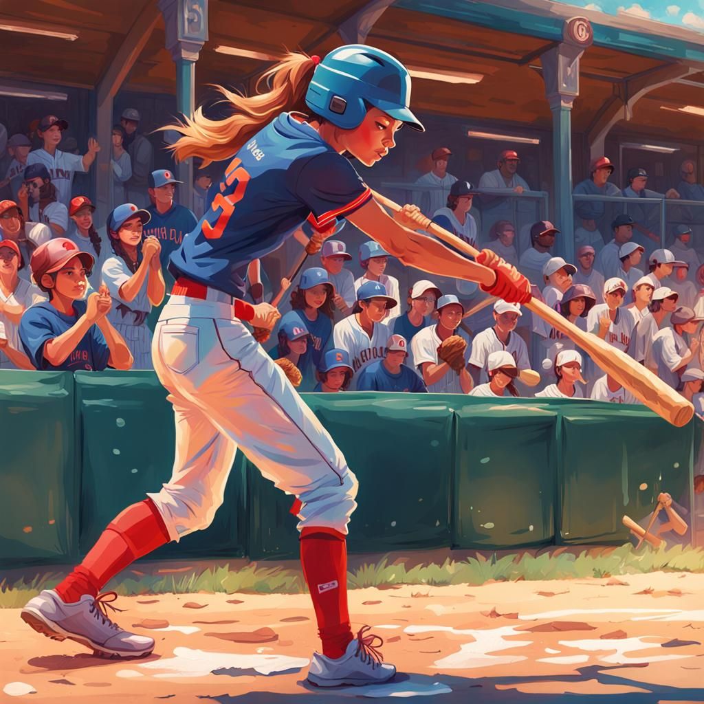 Girl Swinging Bat: Impressionist Gouache on Canvas