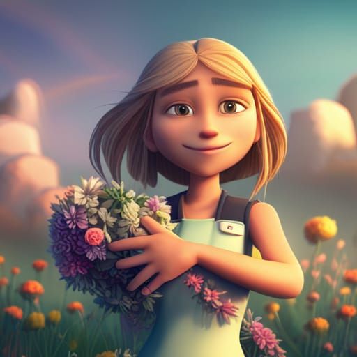 Girl Holding 3D Name Sign in Pixar Style