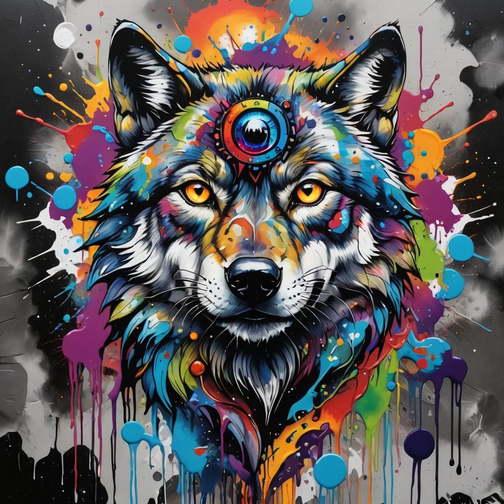Wolf with Third Eye: Cosmic Crystal Graffiti Art