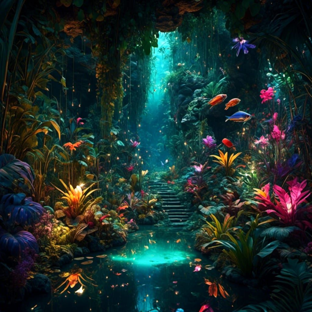 Hyperrealistic Underground Garden with Tropical Plants and P...