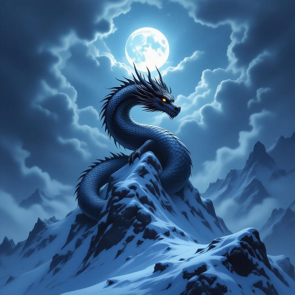 Majestic Obsidian Dragon on Snowy Mountain Peak