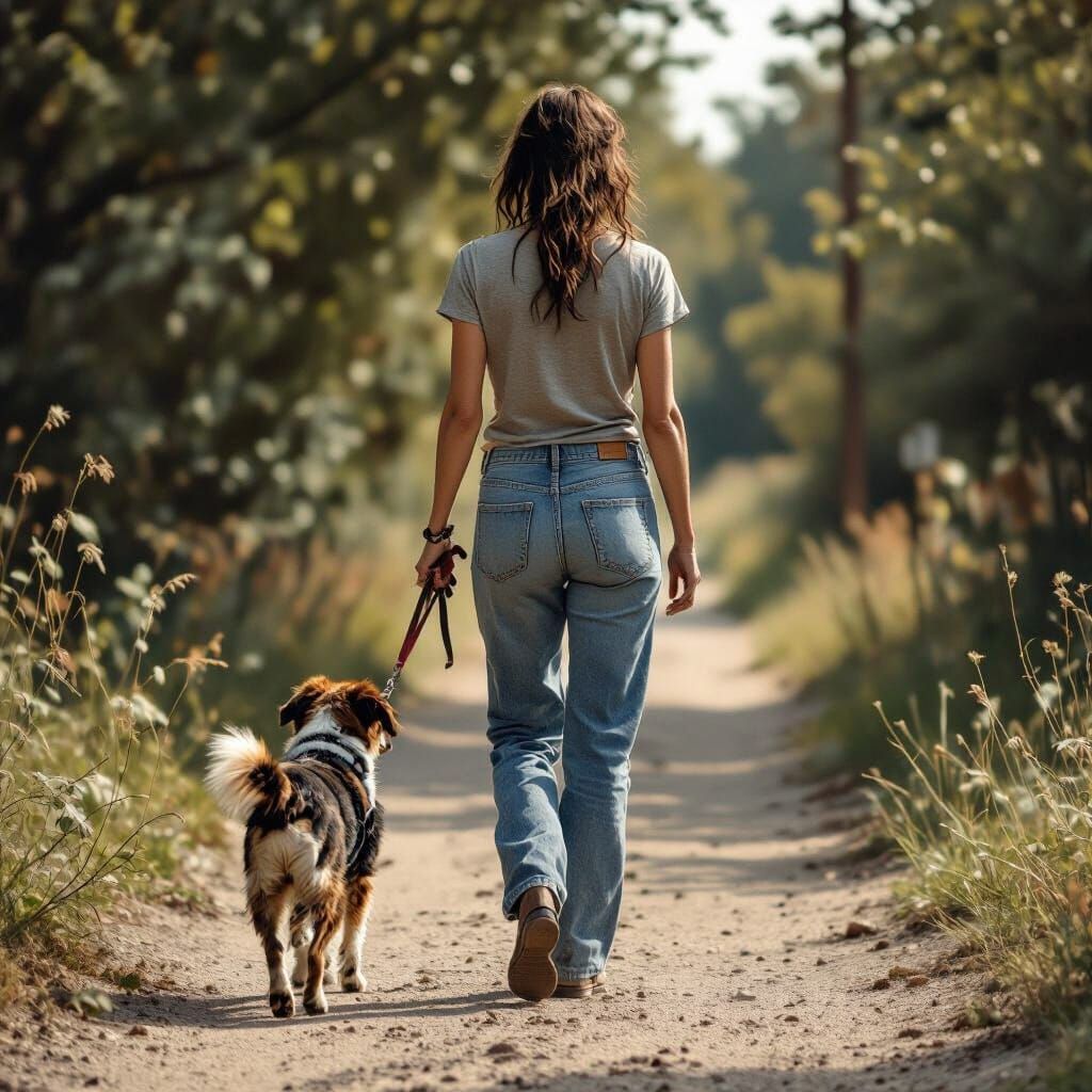 Trans Woman Walks Dog in Faded Jeans