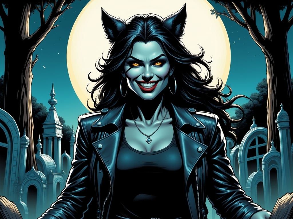 Female Werewolf Villain in Cemetery Under Full Moon
