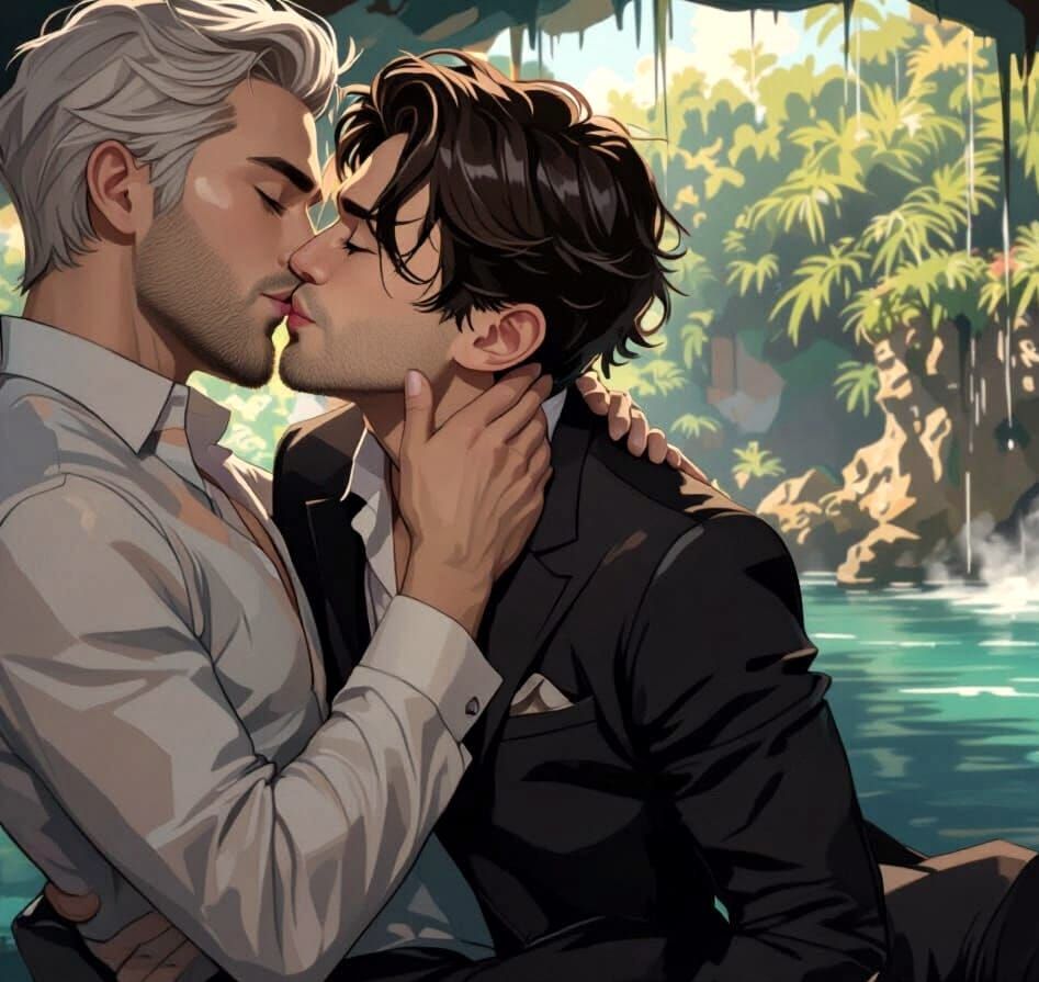 Passionate Kiss in Secluded Tropical Grotto