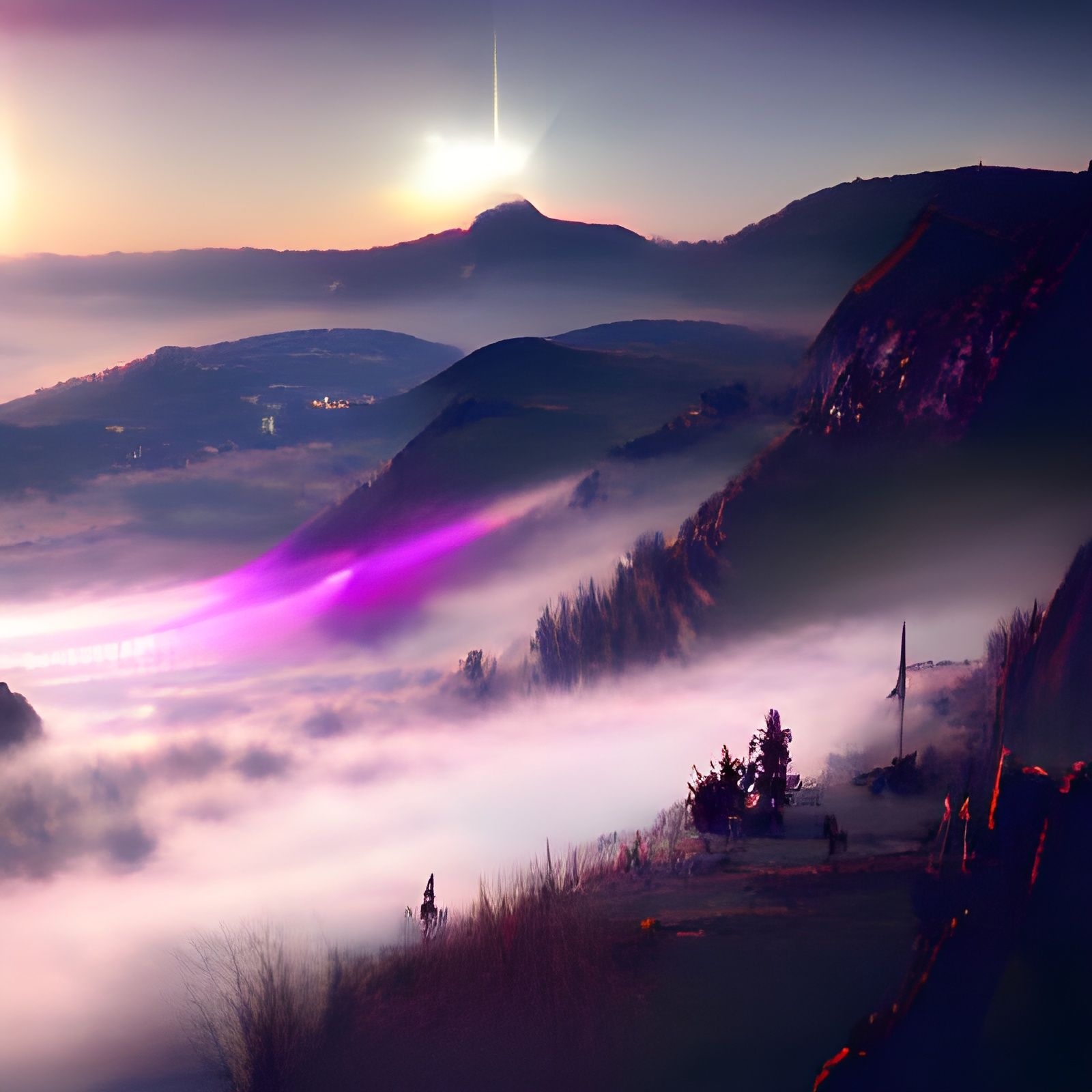 Ethereal Purple Haze Envelops a Majestic Mountain Landscape