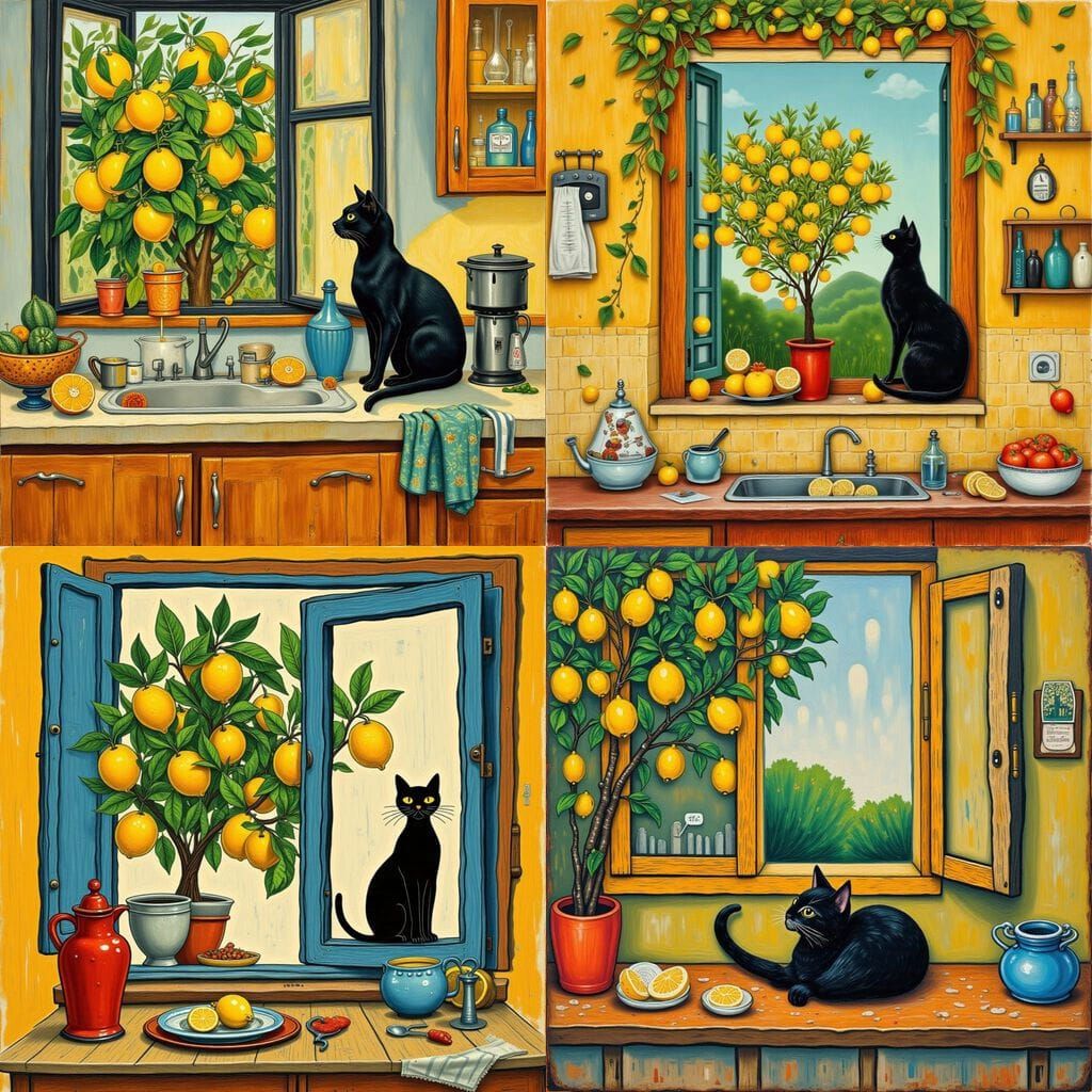 Naïve Kitchen Scene with Cat and Lemon Tree